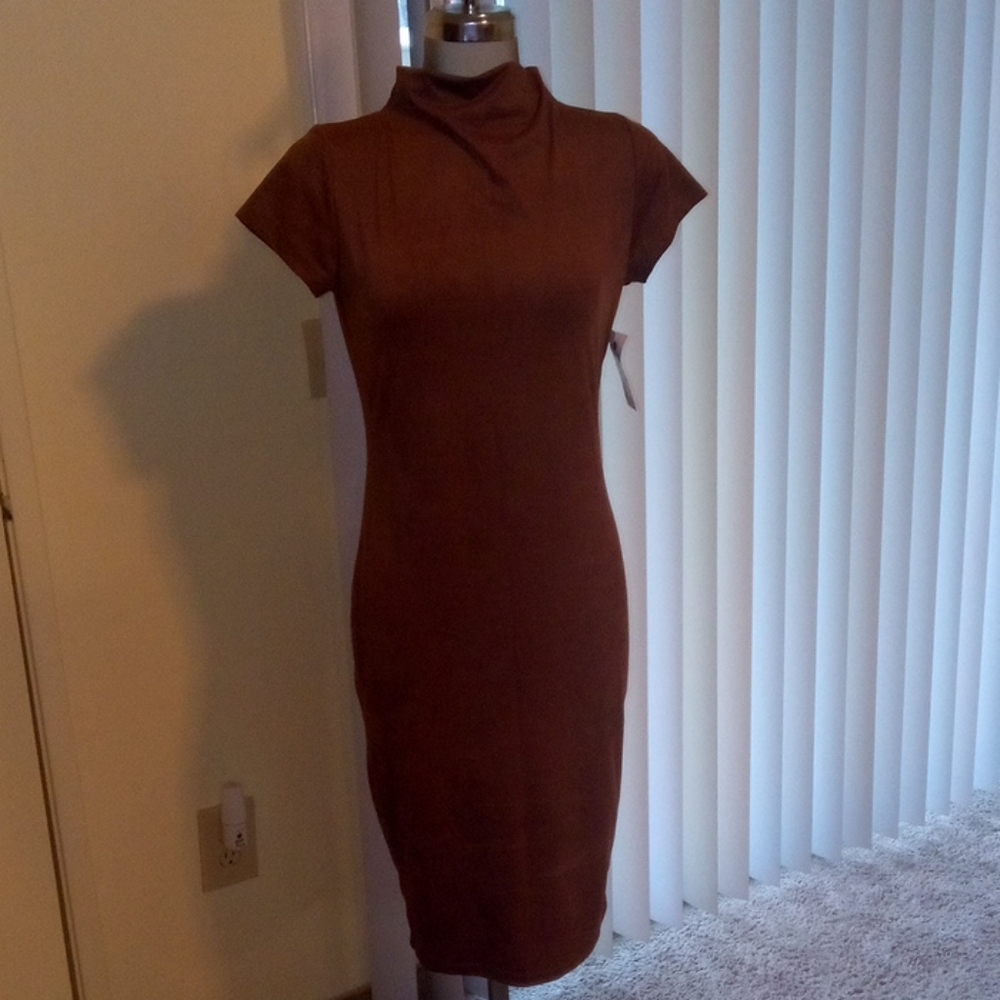 Mock neck suede-like brown dress